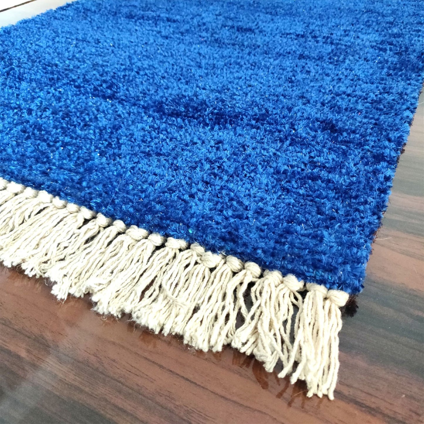 Clearance sale-Avioni Bedside/Hallway/Pooja Carpets In Faux Silk Blue-(22X55 Inch)-56X140 cms
