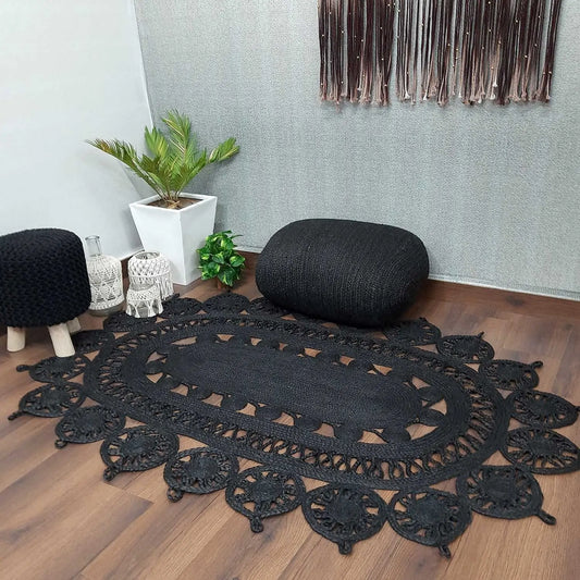 Avioni Braided Black Dyed Jute Ecofriendly Carpet Temple Design Oval Shape-Boho Collection- 4 feet X 6 feet