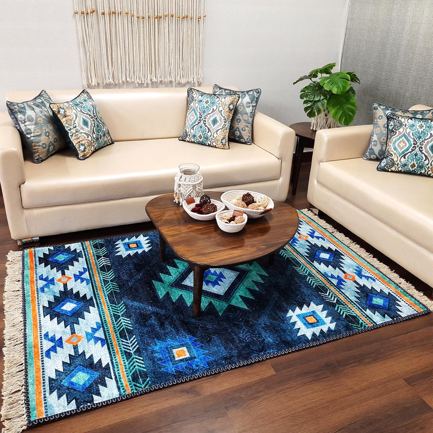 Faux Silk Carpet For Living Room – Ethnic Tribal Design Premium Rug Blue – Avioni