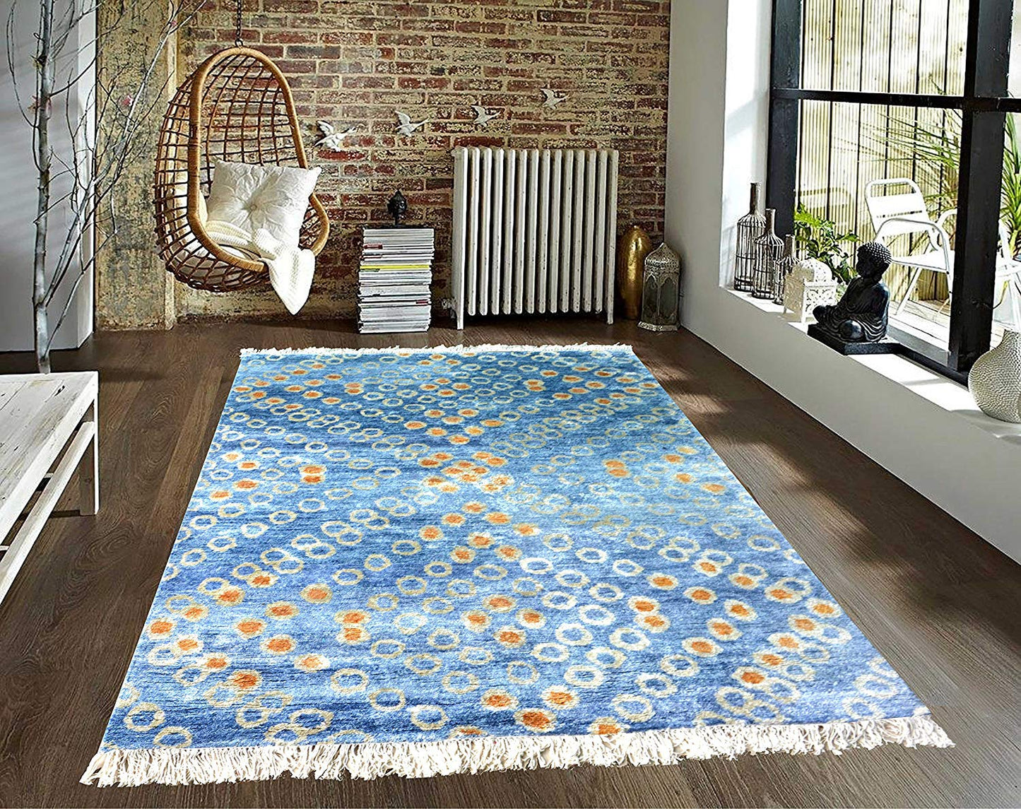 Hand Knotted Silk Carpet Blue Around 225 Knots Per Sq Inch – 120cm x 180cm (~4×6 Feet)- A Gift For Generations