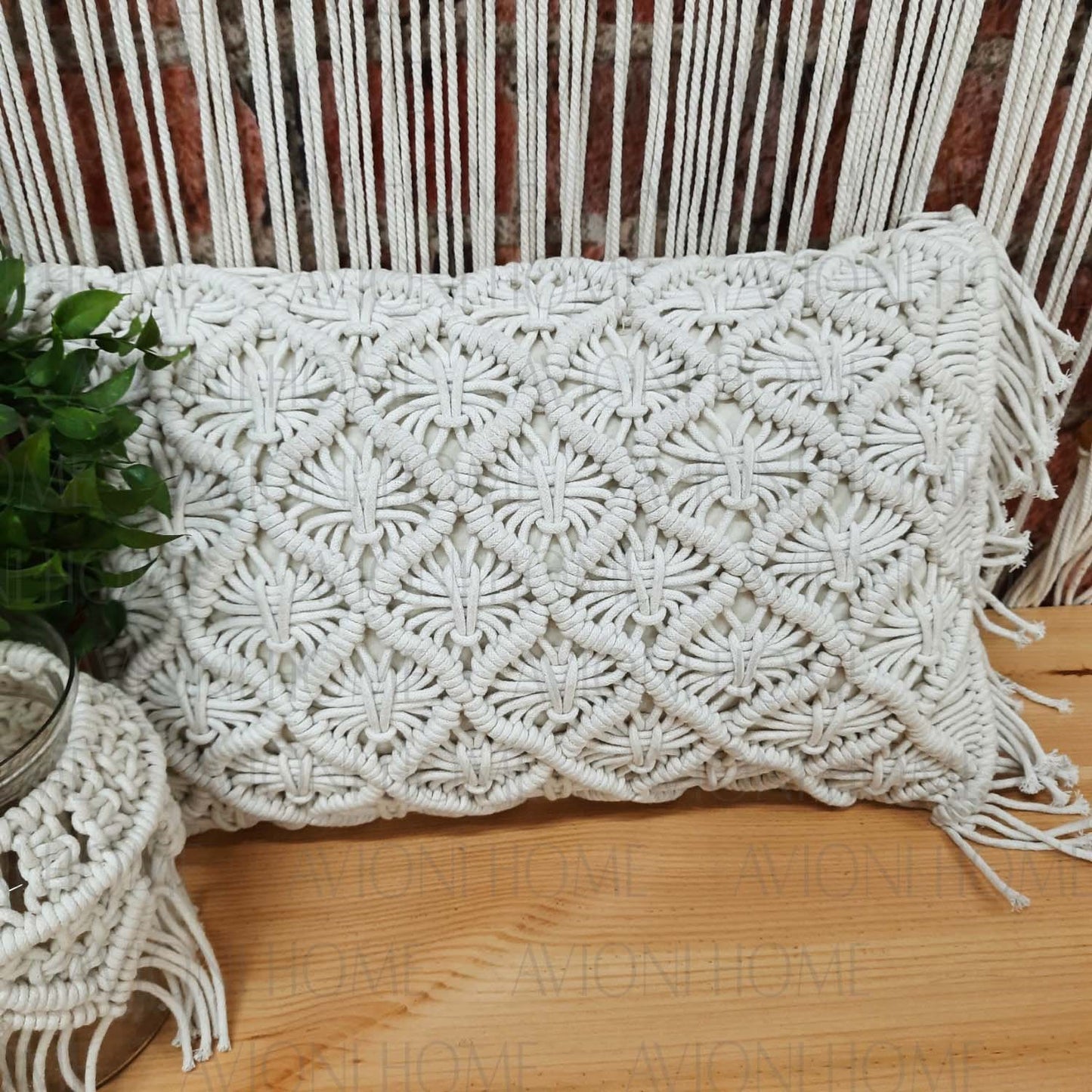Bohemian Style Hand Knotted Macrame Cushion 100% Bleached Cotton With Filler- 12X20 Inch (30×50 cms)