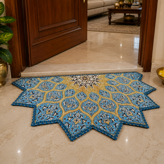 Decorative floor mat rug with geometric Persian pattern on a marble floor, leading into a living room by AvioniHome