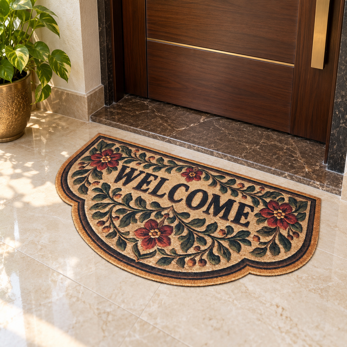 Avioni Home "Elitaire Welcome" Collection | Premium Vintage Floral Scalloped Welcome Door Mat | Set of 2 or 3 | High Wear Resistance, 4mm Door Clearing Profile & Silicone Anti-Slip Backing | 45 × 75 cm