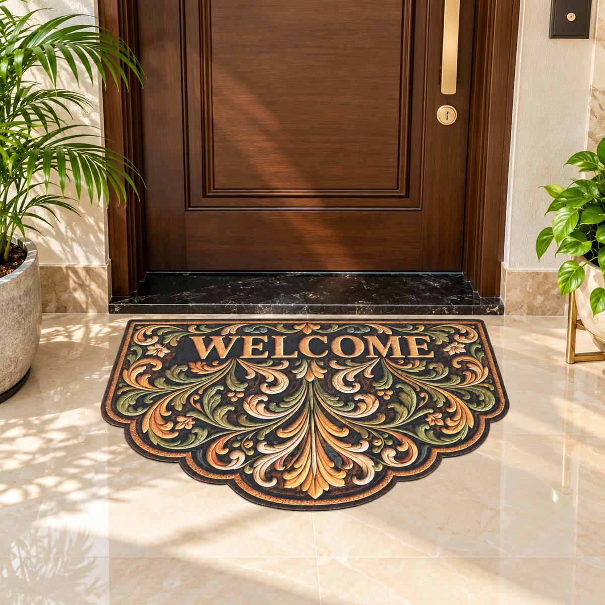 Avioni Home Elitaire Welcome Collection | Premium Baroque Floral Scrollwork Scalloped Welcome Door Mat | Set of 2 or 3 | High Wear Resistance, 4mm Door Clearing Profile & Silicone Anti-Slip Backing | 45 × 75 cm