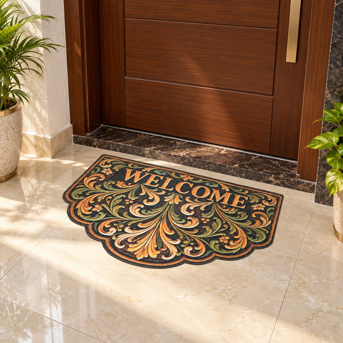 Avioni Home Elitaire Welcome Collection | Premium Baroque Floral Scrollwork Scalloped Welcome Door Mat | Set of 2 or 3 | High Wear Resistance, 4mm Door Clearing Profile & Silicone Anti-Slip Backing | 45 × 75 cm