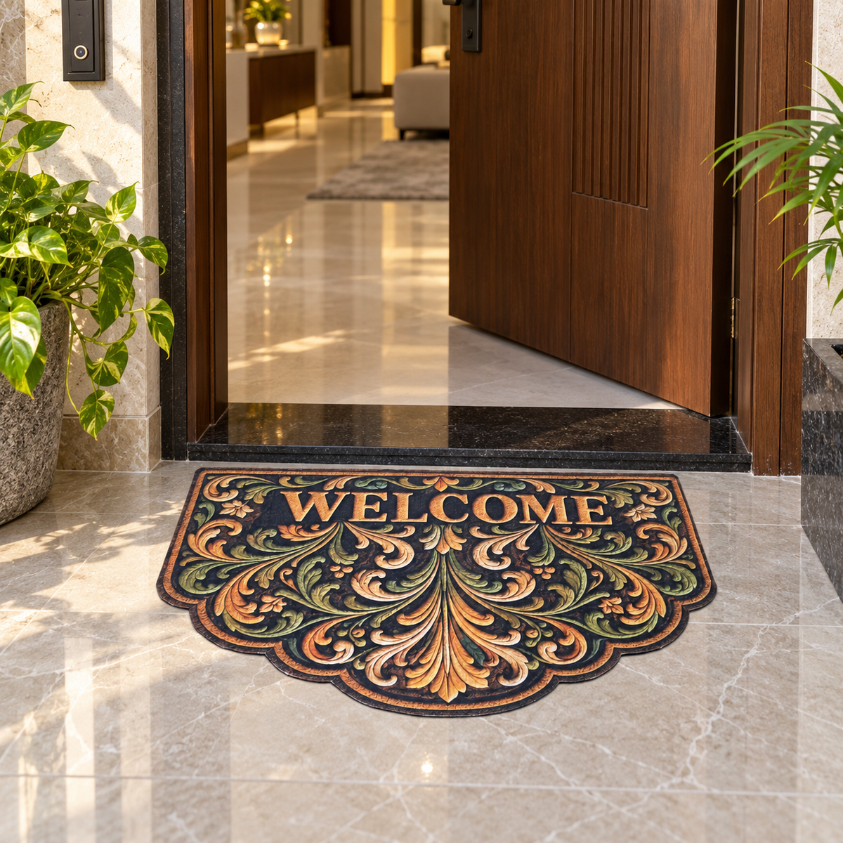 Avioni Home Elitaire Welcome Collection | Premium Baroque Floral Scrollwork Scalloped Welcome Door Mat | Set of 2 or 3 | High Wear Resistance, 4mm Door Clearing Profile & Silicone Anti-Slip Backing | 45 × 75 cm