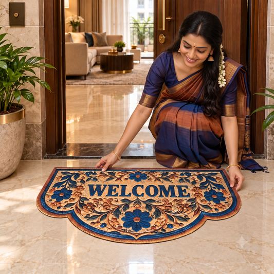 Avioni Home Elitaire Welcome Collection | Premium Royal Blue Floral Medallion Scalloped Welcome Door Mat | Set of 2 or 3 | High Wear Resistance, 4mm Door Clearing Profile & Silicone Anti-Slip Backing | 45 × 75 cm