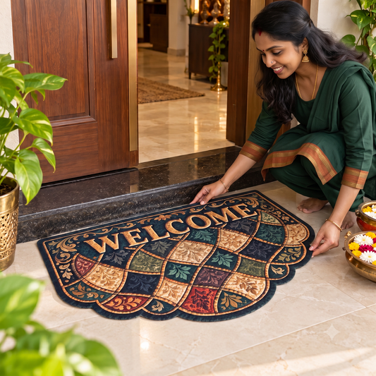 Avioni Home "Elitaire Welcome" Floormat Collection | Premium Heritage Mosaic Scalloped Welcome Door Mat | Set of 2 or 3 | High Wear Resistance, 4mm Profile & Silicone Anti-Slip Backing | 45 × 75 cm