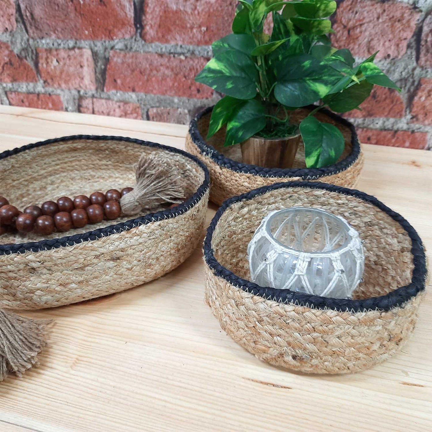 Avioni Home- Hand Braided Natural Jute Baskets With Black Border – Set of 3 (31x31cms, 25x25cms, 21×21 cms)