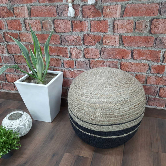 Avioni Home- Hand Braided Natural Jute Pouf With Black Base- Filled with FR Beans- Large Size-45x50x50 cms