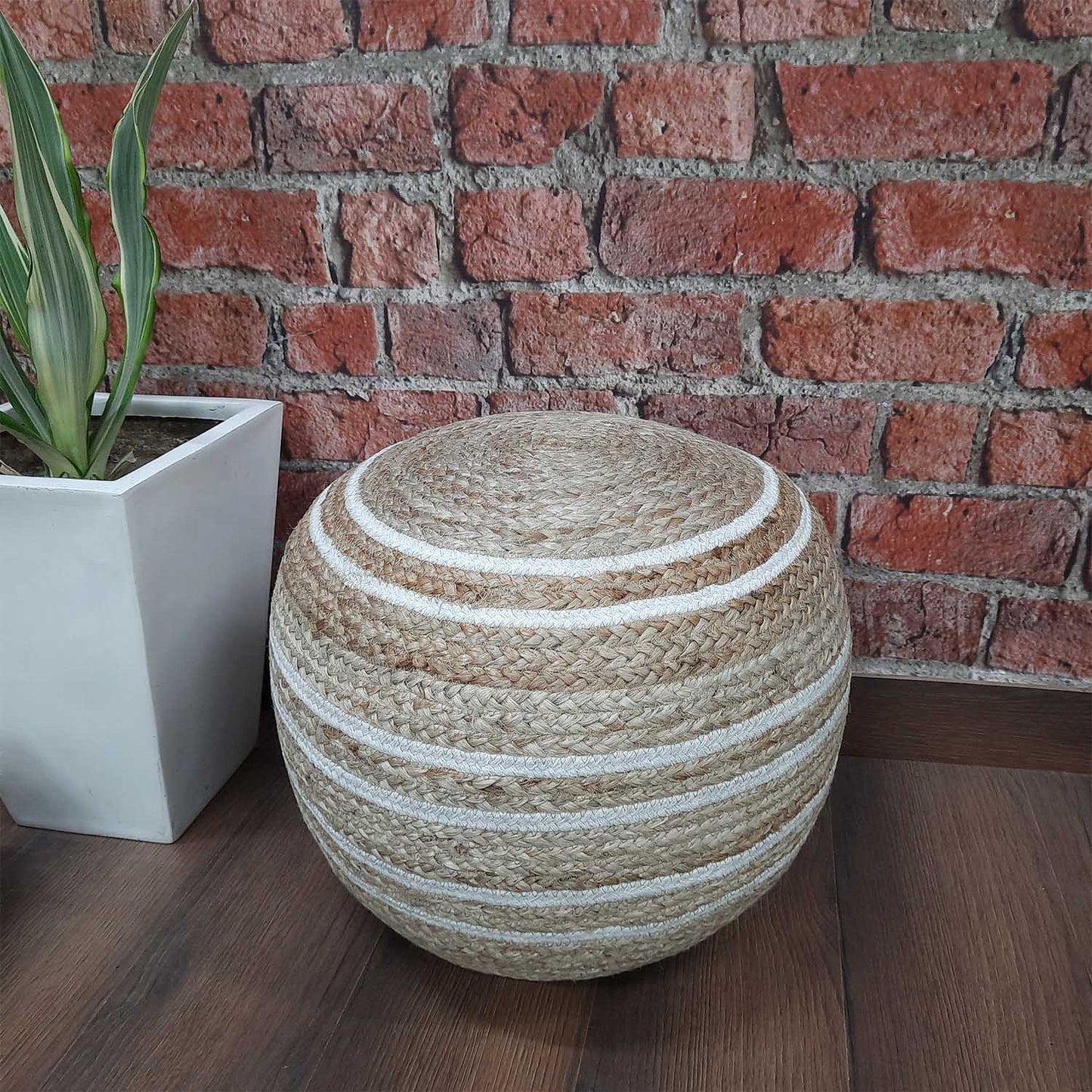 Avioni Home- Hand Braided Natural Jute Pouf With White Cotton Dori- Filled with FR Beans- Large Size-45x50x50 cms