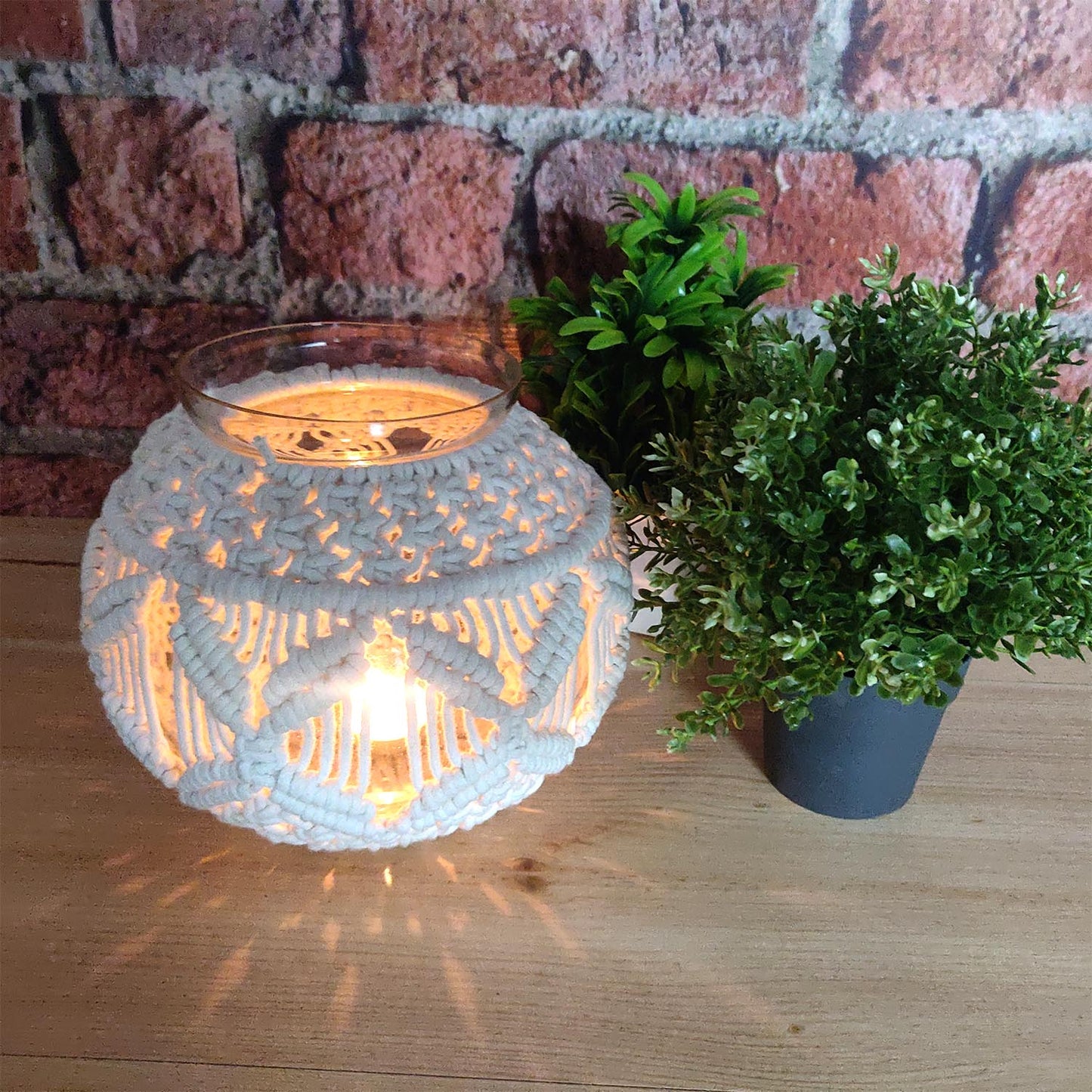 Avioni Home Hand Moulded Glass Jars Round Shaped With Beautifully Crafted Macrame Cover Candle Lantern-7 X 8 Inches ( 18*20 cms)