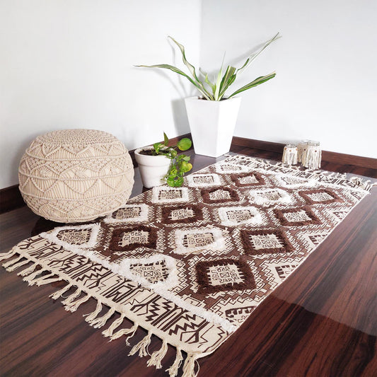 Avioni Boho Look Cotton Printed & Part Tufted Floor Rug / Durrie – Brown Diamonds