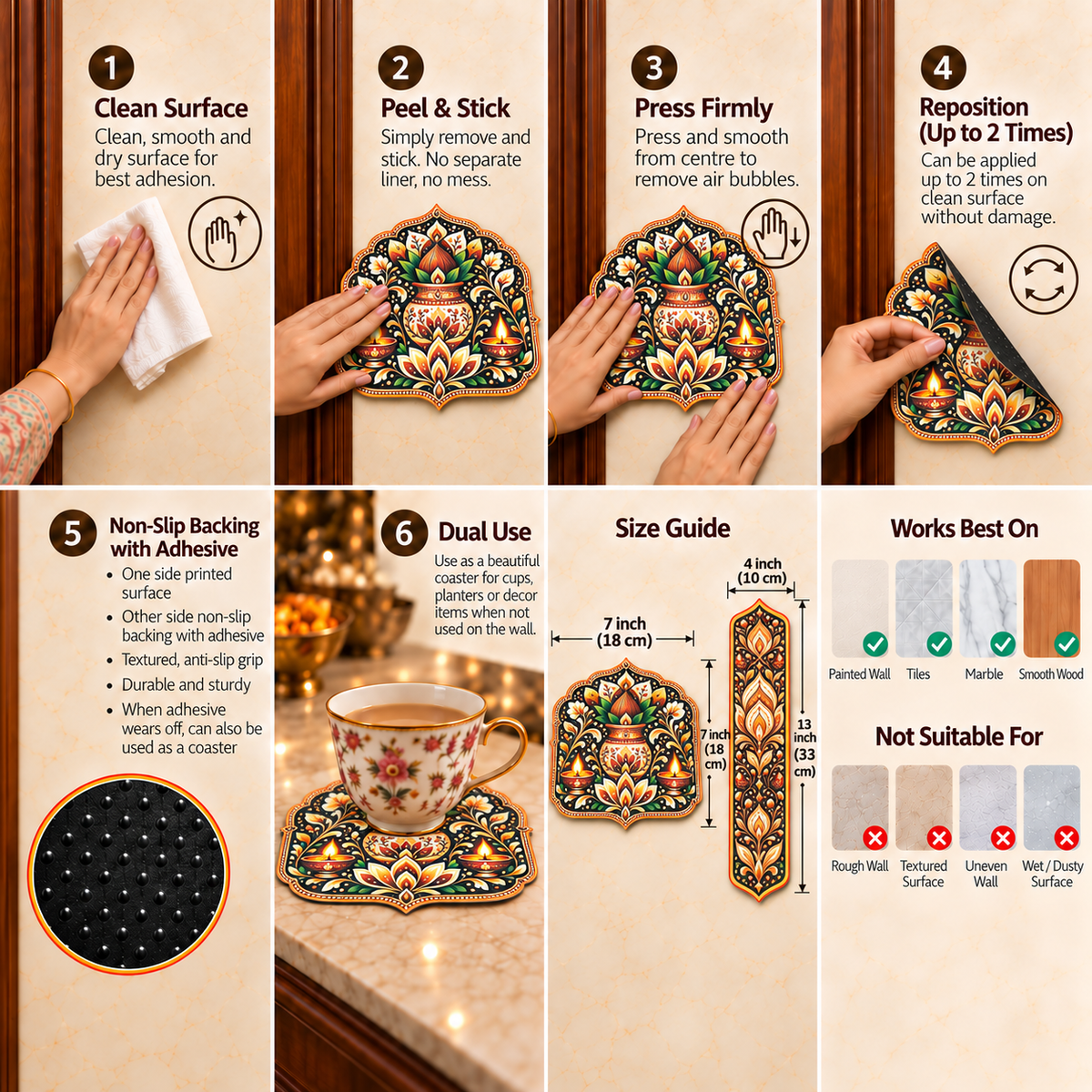 Avioni Home Aangan Royale Collection | Premium Ornamental Floral Floor Mat with 4 Matching Kalash & Floral Peel & Stick Décor Stickers | High Wear Resistance & Silicone Anti-Slip Backing