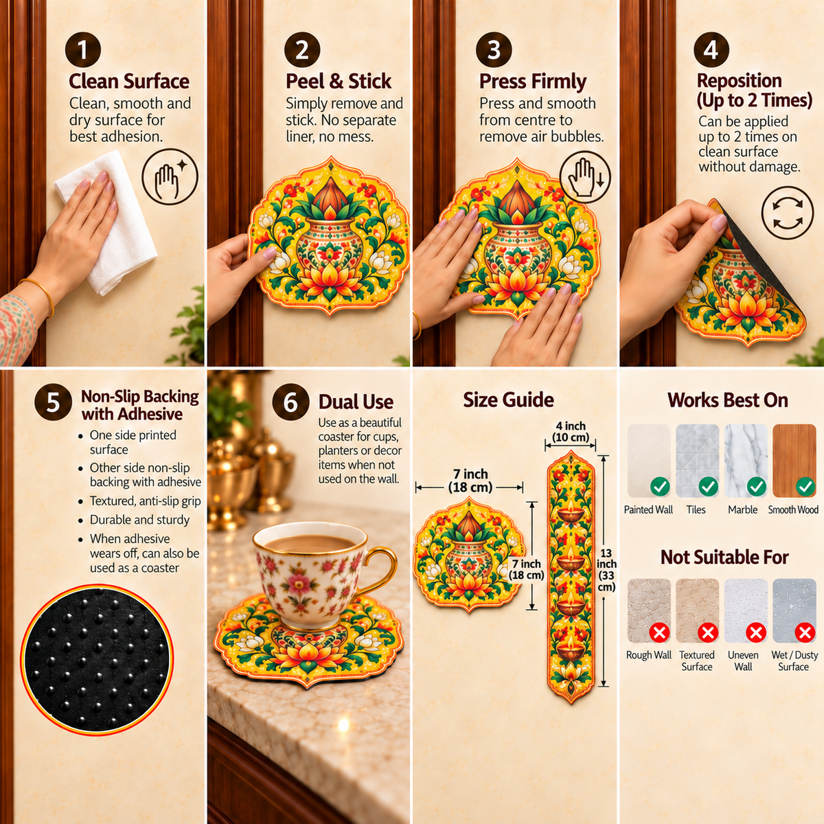 Avioni Home Aangan Royale Collection | Premium Royal Floral Medallion Floor Mat with 4 Matching Kalash & Diya Peel & Stick Décor Stickers | High Wear Resistance & Silicone Anti-Slip Backing