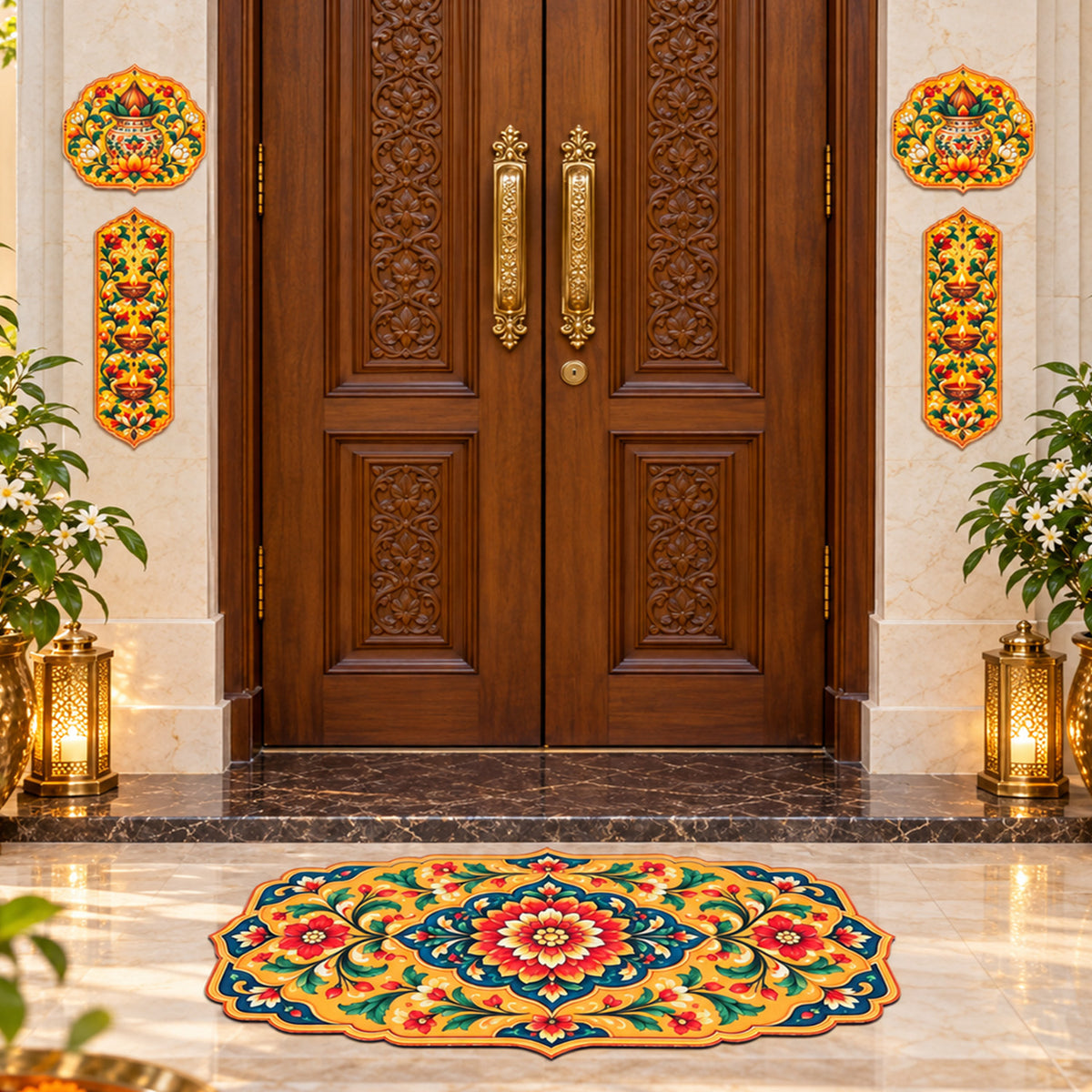 Avioni Home Aangan Royale Collection | Premium Royal Floral Medallion Floor Mat with 4 Matching Kalash & Diya Peel & Stick Décor Stickers | High Wear Resistance & Silicone Anti-Slip Backing