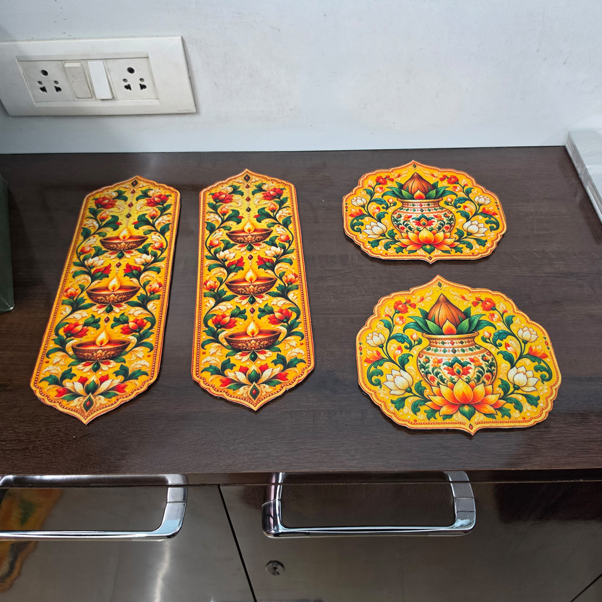 Avioni Home Aangan Royale Collection | Premium Royal Floral Medallion Floor Mat with 4 Matching Kalash & Diya Peel & Stick Décor Stickers | High Wear Resistance & Silicone Anti-Slip Backing