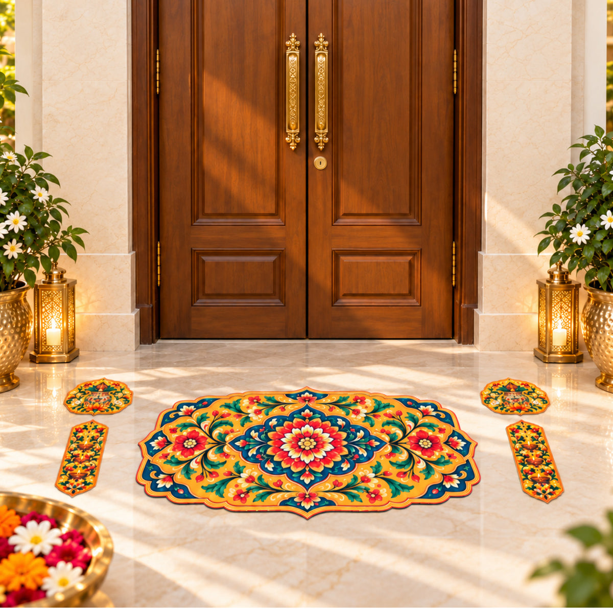 Avioni Home Aangan Royale Collection | Premium Royal Floral Medallion Floor Mat with 4 Matching Kalash & Diya Peel & Stick Décor Stickers | High Wear Resistance & Silicone Anti-Slip Backing