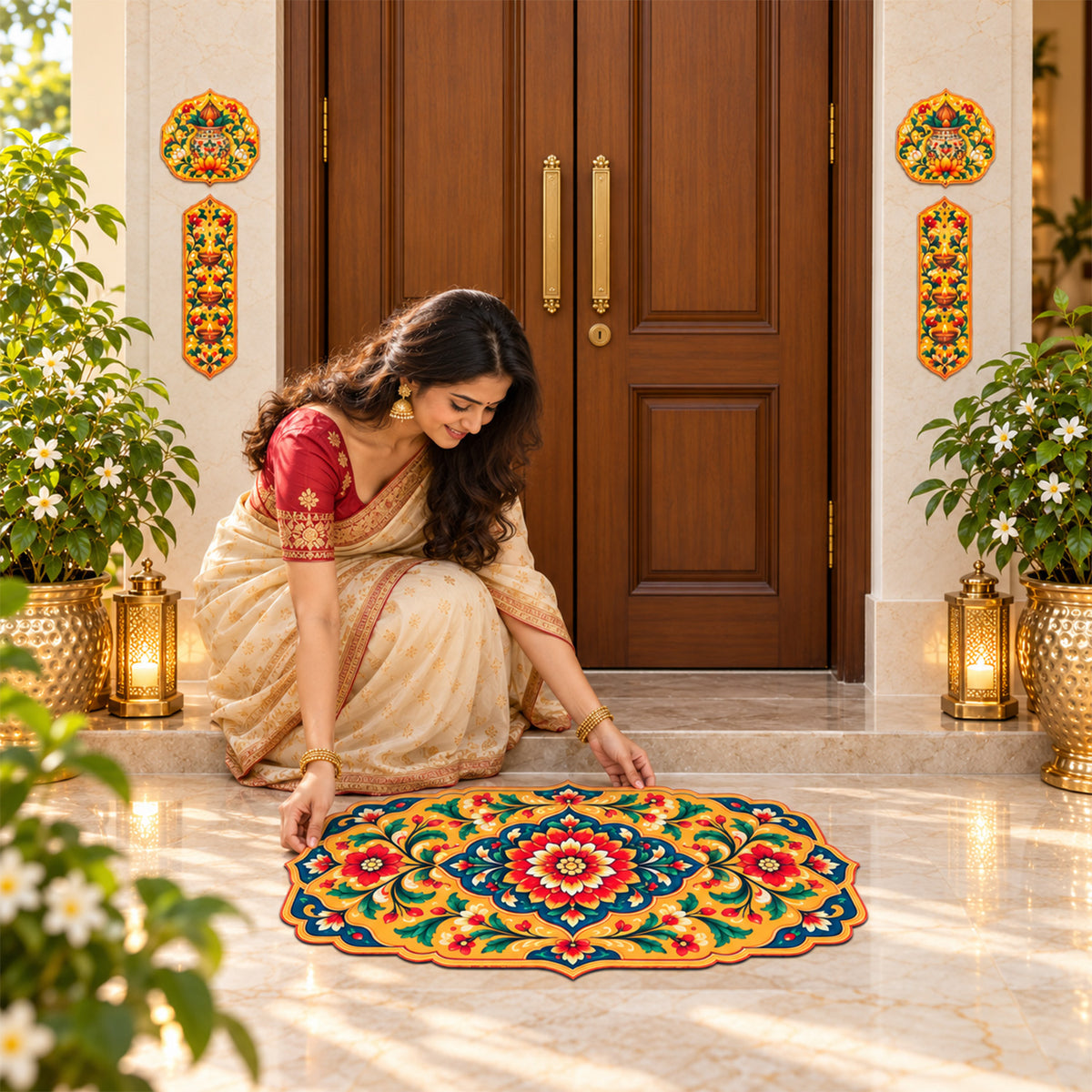 Avioni Home Aangan Royale Collection | Premium Royal Floral Medallion Floor Mat with 4 Matching Kalash & Diya Peel & Stick Décor Stickers | High Wear Resistance & Silicone Anti-Slip Backing
