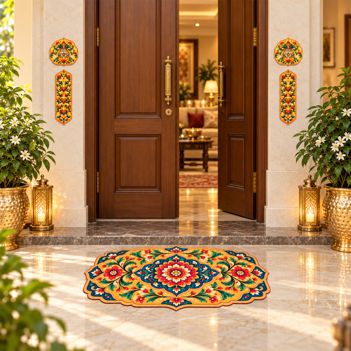 Avioni Home Aangan Royale Collection | Premium Royal Floral Medallion Floor Mat with 4 Matching Kalash & Diya Peel & Stick Décor Stickers | High Wear Resistance & Silicone Anti-Slip Backing