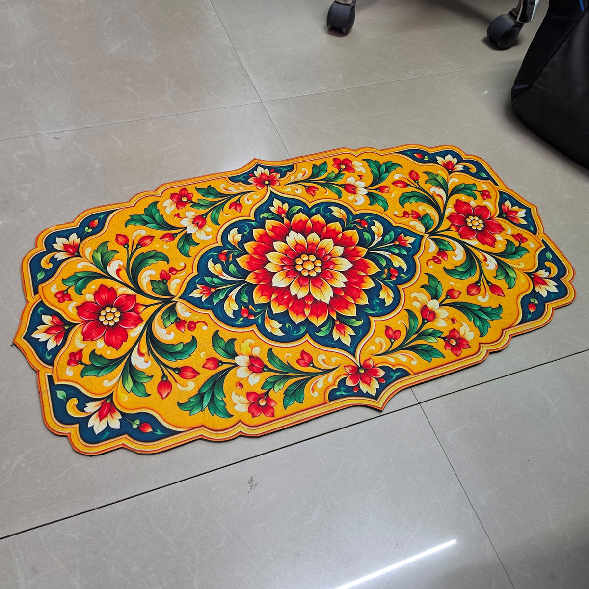 Avioni Home Aangan Royale Collection | Premium Royal Floral Medallion Floor Mat with 4 Matching Kalash & Diya Peel & Stick Décor Stickers | High Wear Resistance & Silicone Anti-Slip Backing