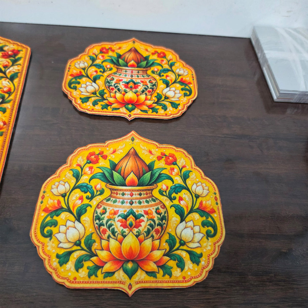 Avioni Home Aangan Royale Collection | Premium Royal Floral Medallion Floor Mat with 4 Matching Kalash & Diya Peel & Stick Décor Stickers | High Wear Resistance & Silicone Anti-Slip Backing
