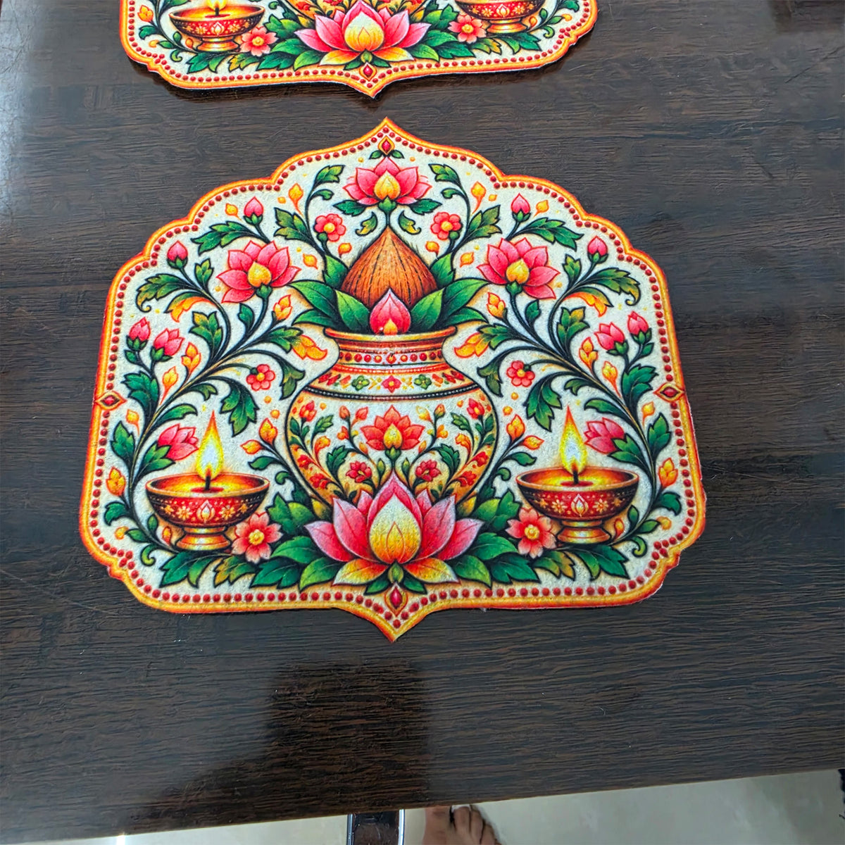 Avioni Home Aangan Royale Collection | Premium Traditional Indian Floral Floor Mat with 4 Matching Peel & Stick Décor Stickers | High Wear Resistance & Silicone Anti-Slip Backing