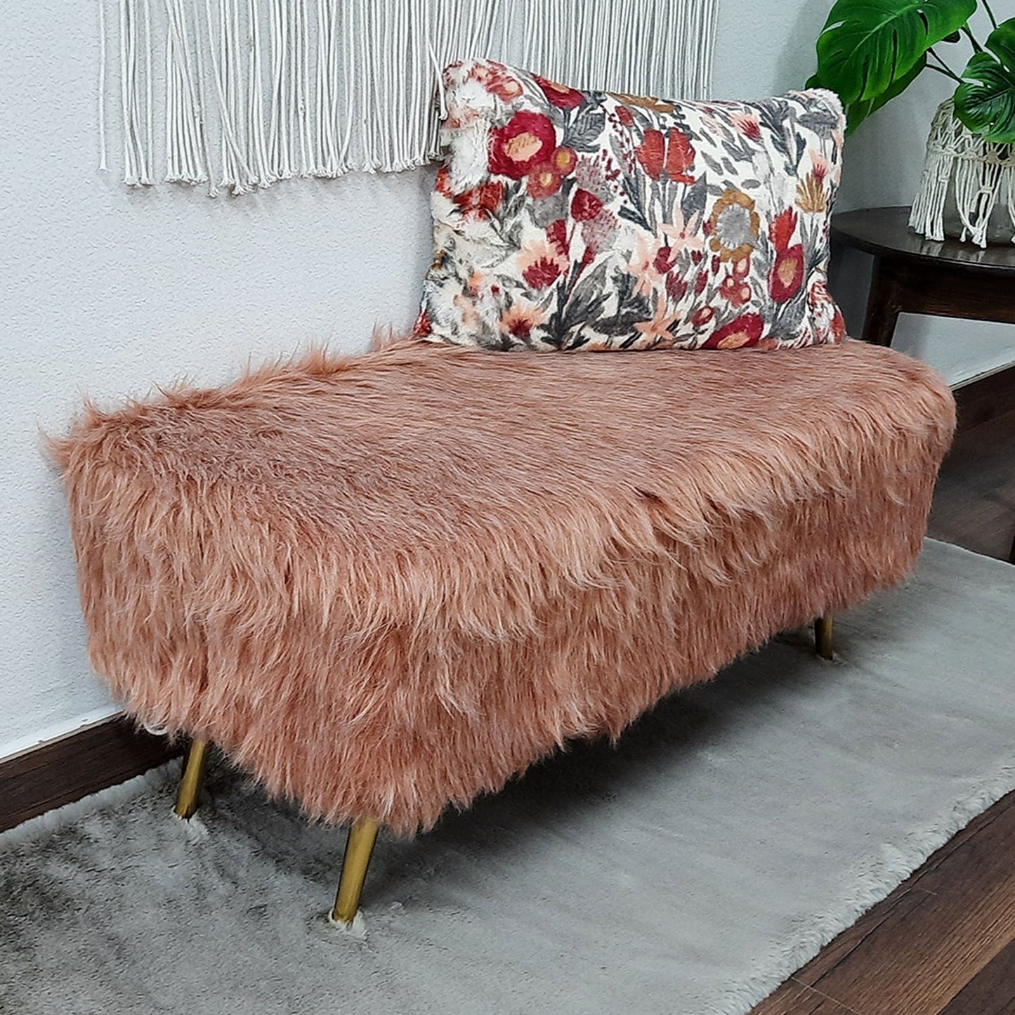 Noviato Collection – Light Redwood Premium Double Shade Long Faux Fur Bench Gold Metal Legs Modern On-Trend Style Multi-Functional Ottoman Bench Seat, 90 cm length | from Avioni