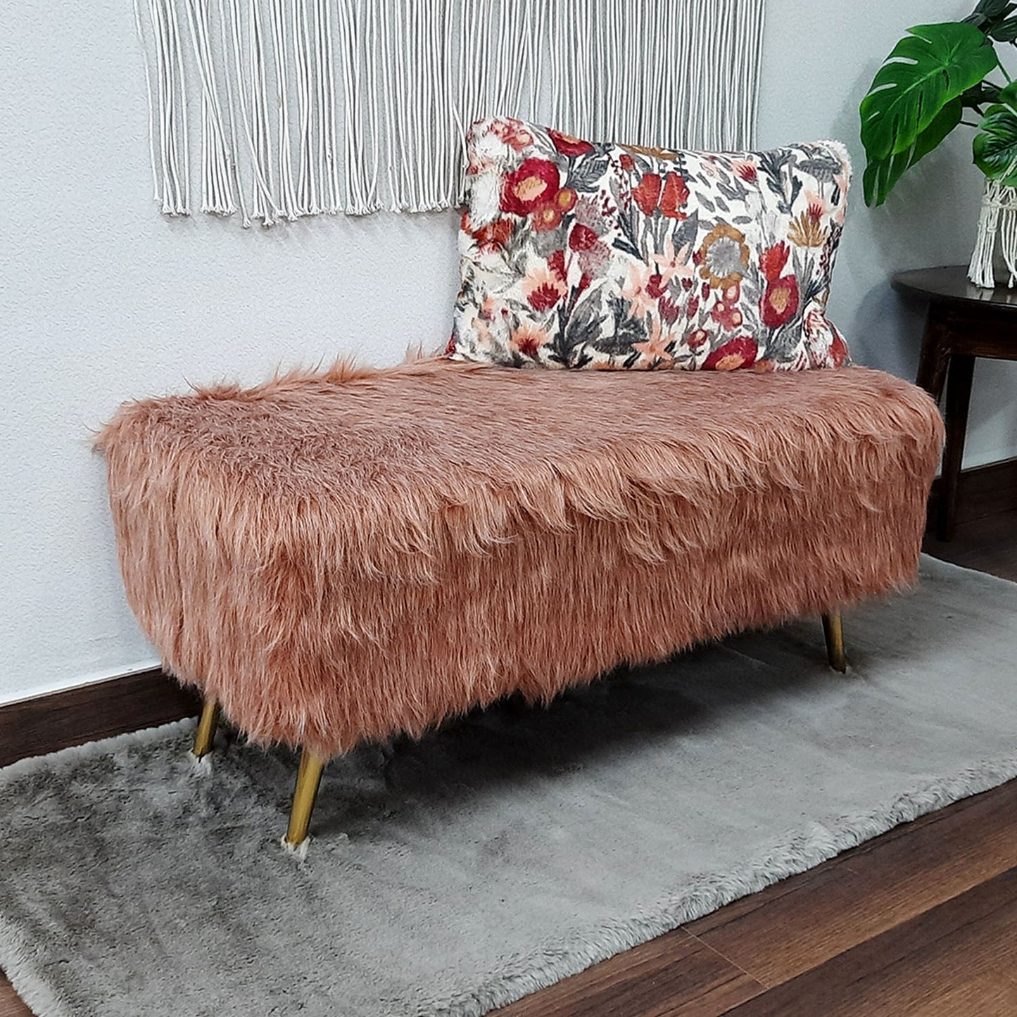 Noviato Collection – Light Redwood Premium Double Shade Long Faux Fur Bench Gold Metal Legs Modern On-Trend Style Multi-Functional Ottoman Bench Seat, 90 cm length | from Avioni