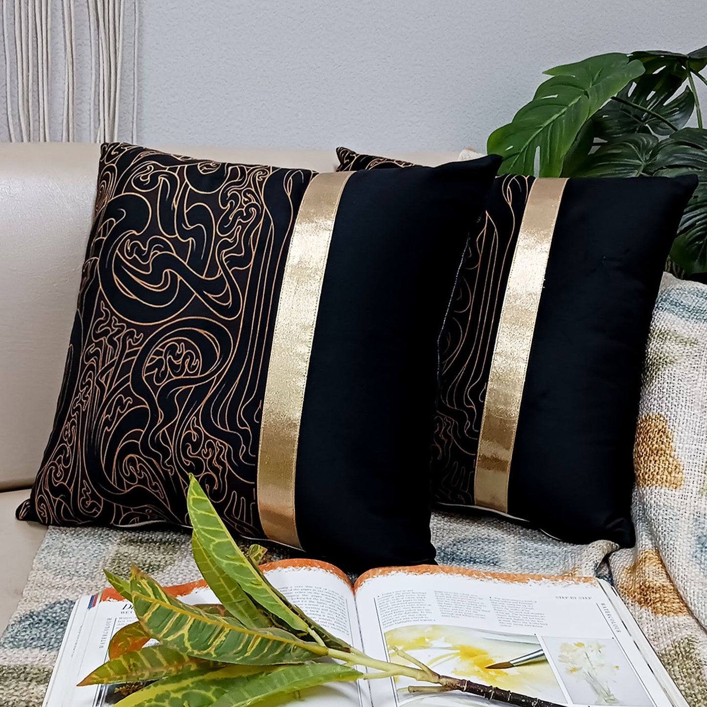 Cushion Covers Super Soft – Beautiful Golden Touch Black Abstract Design  – Best Price 40cm x 40cm (~16″ x 16″)