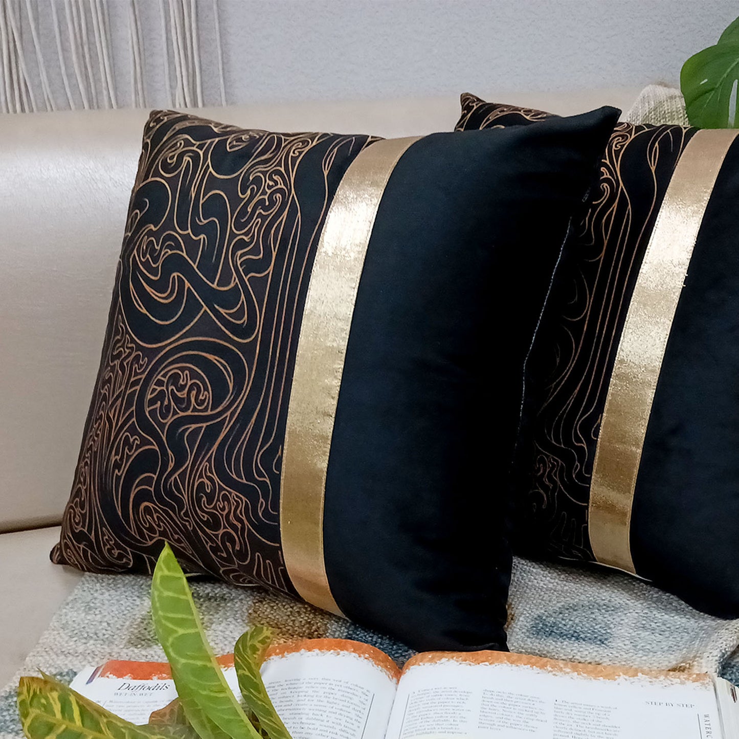 Cushion Covers Super Soft – Beautiful Golden Touch Black Abstract Design  – Best Price 40cm x 40cm (~16″ x 16″)