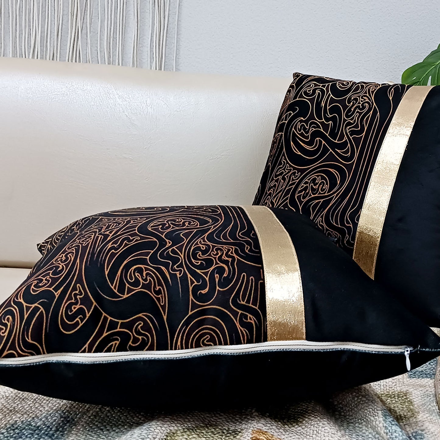 Cushion Covers Super Soft – Beautiful Golden Touch Black Abstract Design  – Best Price 40cm x 40cm (~16″ x 16″)