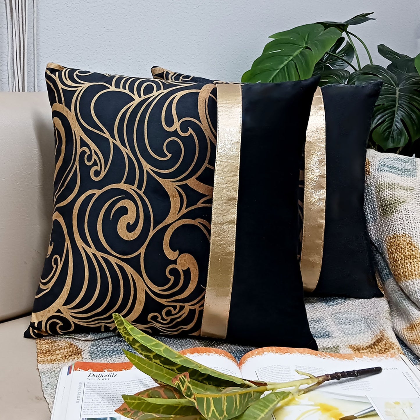 Cushion Covers Super Soft – Beautiful Golden Touch Black Ethnic Design  – Best Price 40cm x 40cm (~16″ x 16″)