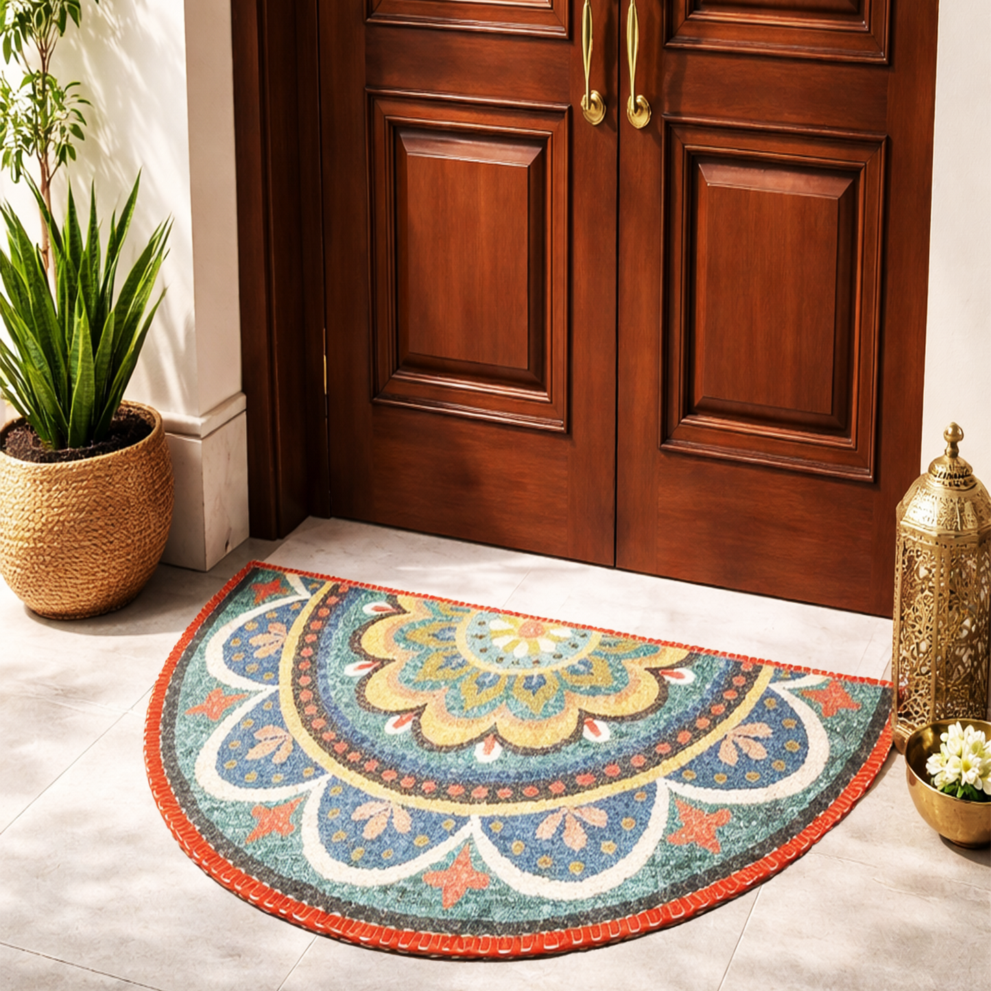Avioni Home Floor Mats in Beautiful Rangoli Design | Half Circle Rugs | Anti Slip, Durable & Washable | Outdoor & Indoor