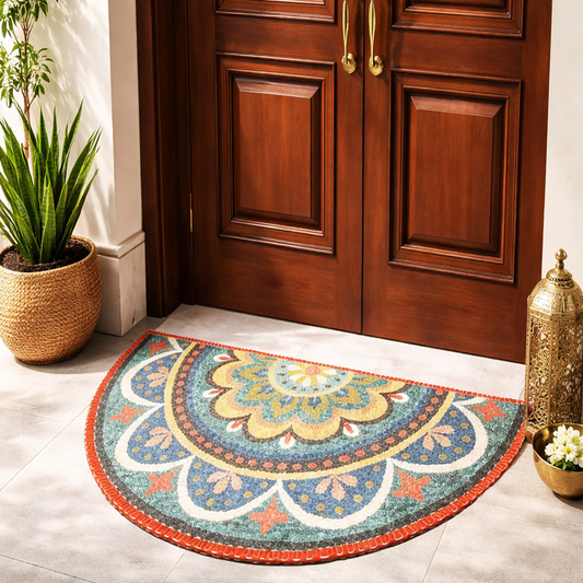 Avioni Home Floor Mats in Beautiful Rangoli Design | Half Circle Rugs | Anti Slip, Durable & Washable | Outdoor & Indoor