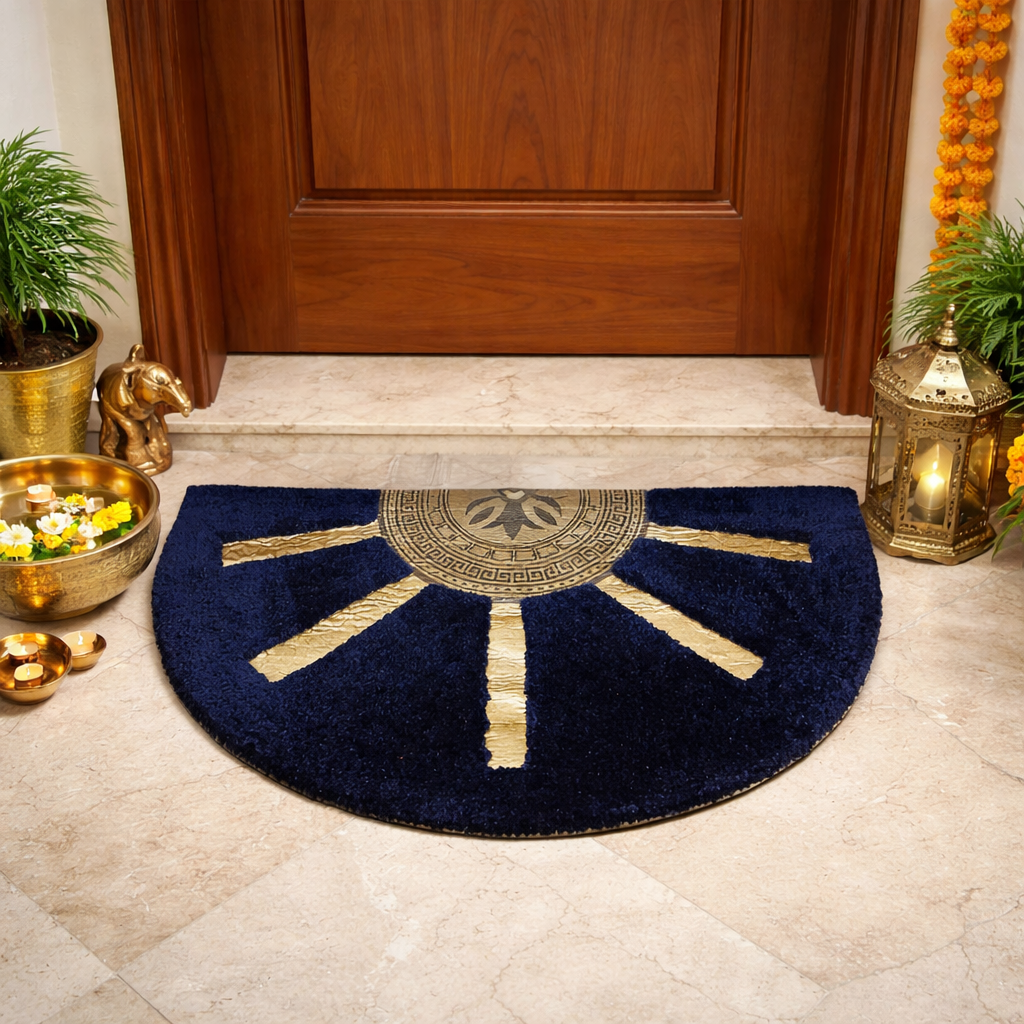 Avioni Divine Collection | Luxury Golden/Silver Touch Tufted Rug  Navy In Brightening Sun Soft And Plush Handmade Door Mats |25mm Thickness | BathMats | 45x75cm size