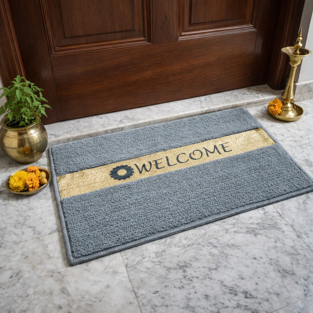 Avioni Desire Collection | Luxury Golden Touch Light Grey Welcome Floor Mat |  Soft And Plush Handmade Door Mats / BathMats -40x60 cms