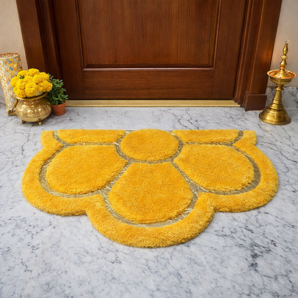Avioni Divine Collection | Luxury Golden/Silver Touch Yellow Tufted Rug In Beautiful Flower Soft And Plush Handmade Door Mats | 25mm thick | BathMats -45x75 cms