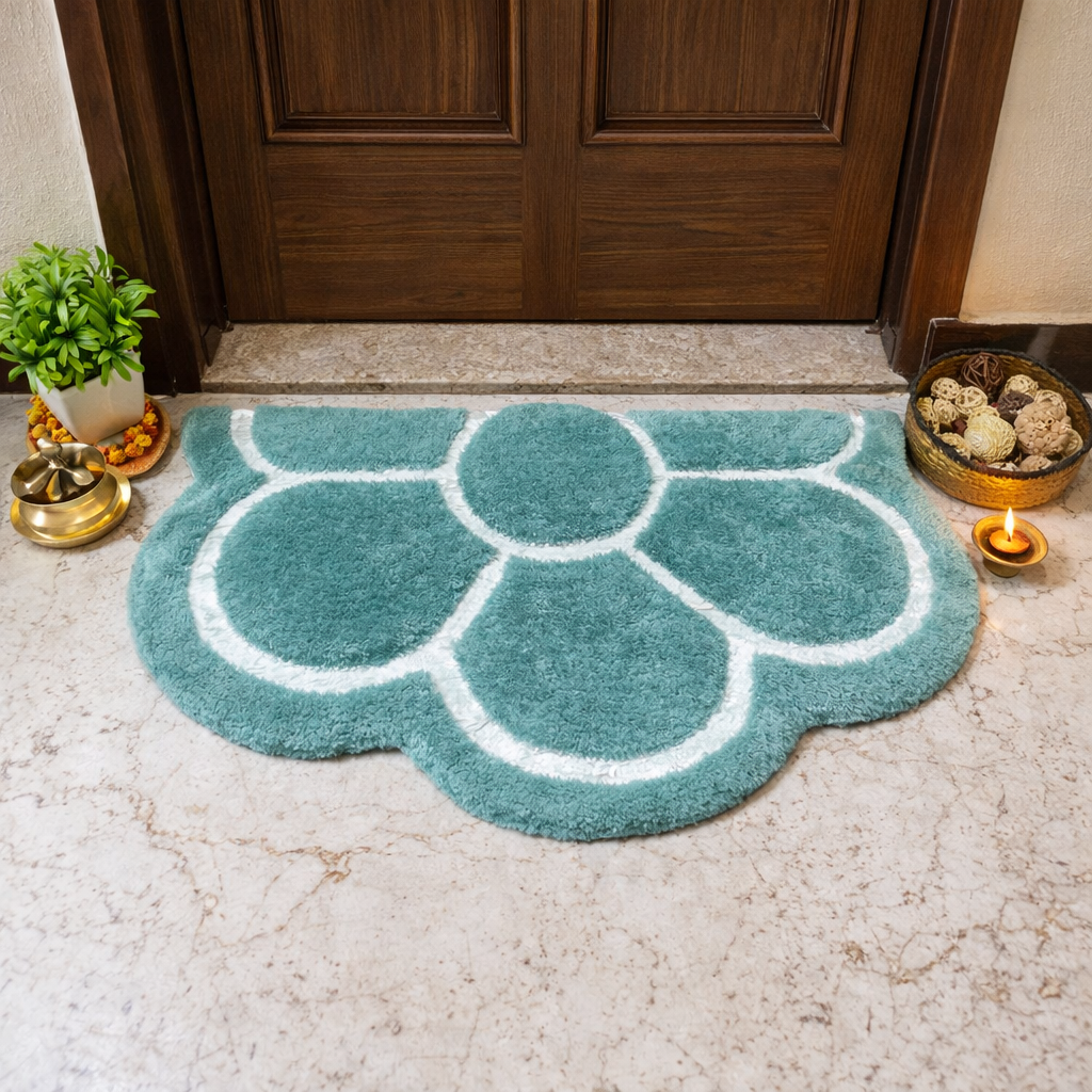 Avioni Divine Collection | Luxury Golden/Silver Touch Aqua Tufted Rug In Beautiful Flower Soft And Plush Handmade Door Mats | 25mm thick | BathMats -45x75 cms