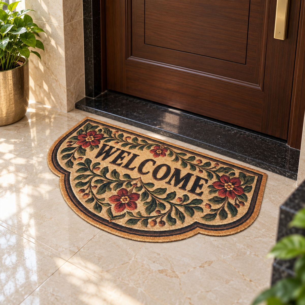 Avioni Home "Elitaire Welcome" Collection | Premium Vintage Floral Scalloped Welcome Door Mat | Set of 2 or 3 | High Wear Resistance, 4mm Door Clearing Profile & Silicone Anti-Slip Backing | 45 × 75 cm