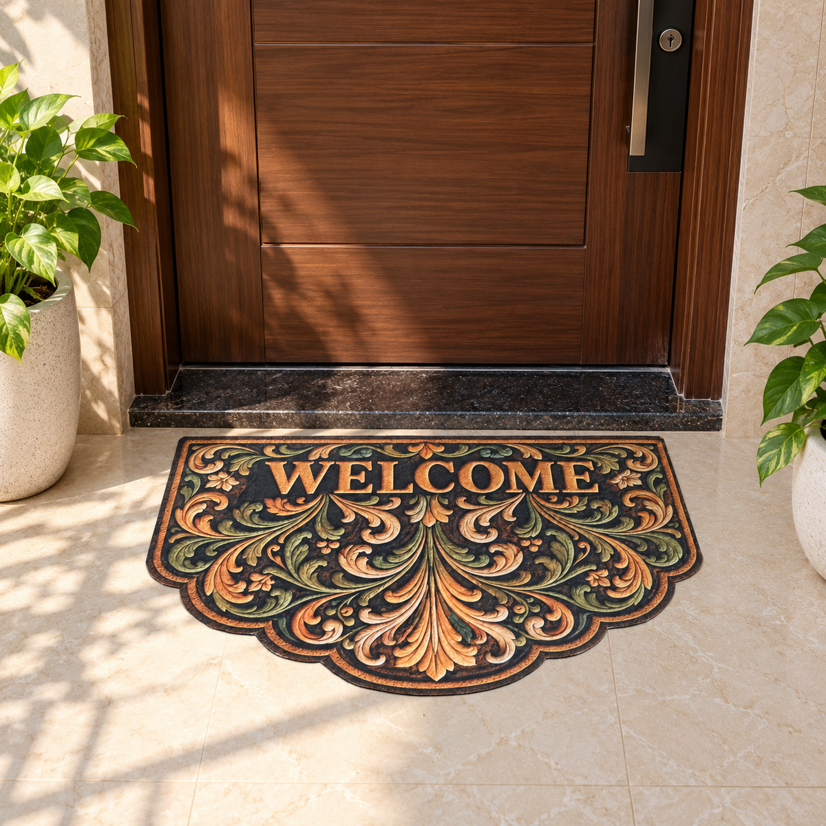 Avioni Home Elitaire Welcome Collection | Premium Baroque Floral Scrollwork Scalloped Welcome Door Mat | Set of 2 or 3 | High Wear Resistance, 4mm Door Clearing Profile & Silicone Anti-Slip Backing | 45 × 75 cm