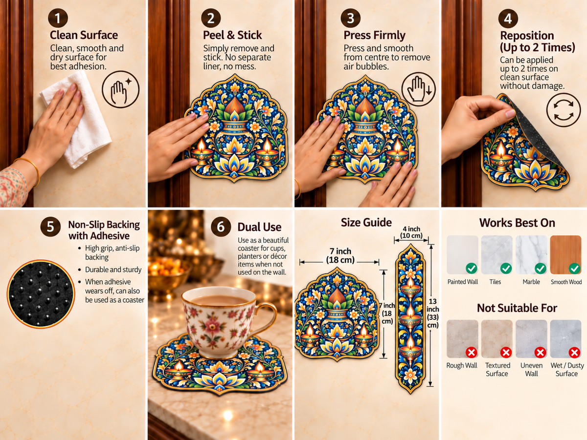 Avioni Home Aangan Royale Collection | Premium Indian Traditional Floor Mat with 4 Matching Peel & Stick Décor Stickers | High Wear Resistance & Silicone Anti-Slip Backing