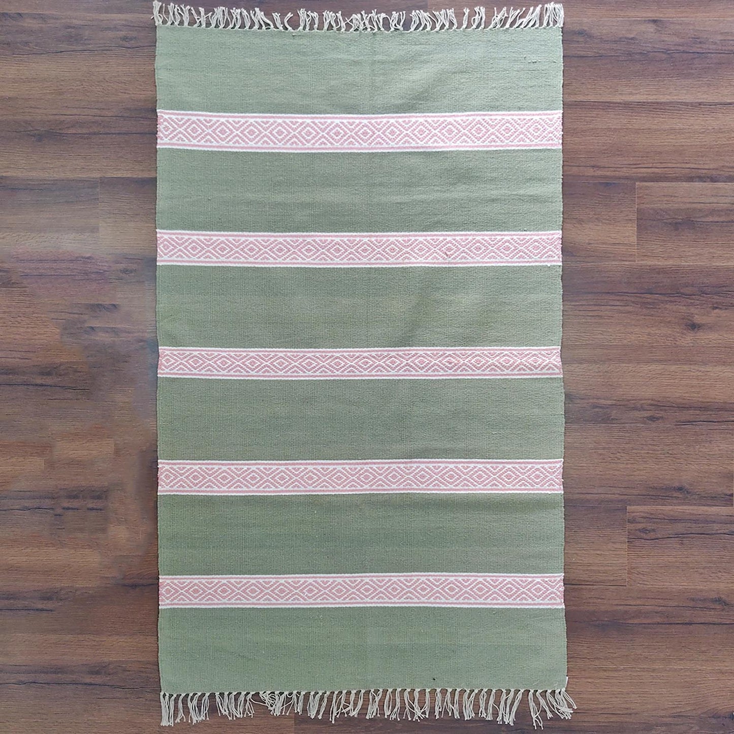 Avioni 100% Cotton Handloom Floor Rug / Durrie – Neohome Collection – Green and Pink