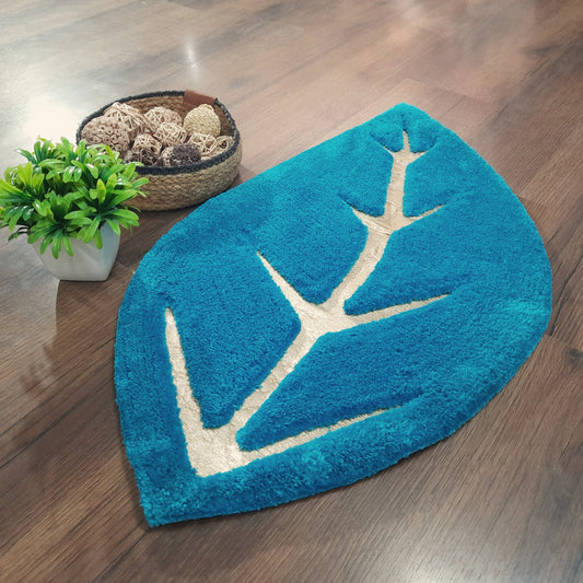 Avioni Divine Collection | Luxury Golden/Silver Touch Blue Tufted Rug In Beautiful Leaf  Shaped Soft And Plush Handmade Door Mats | ~25mm thickness | BathMats -45x82 cms