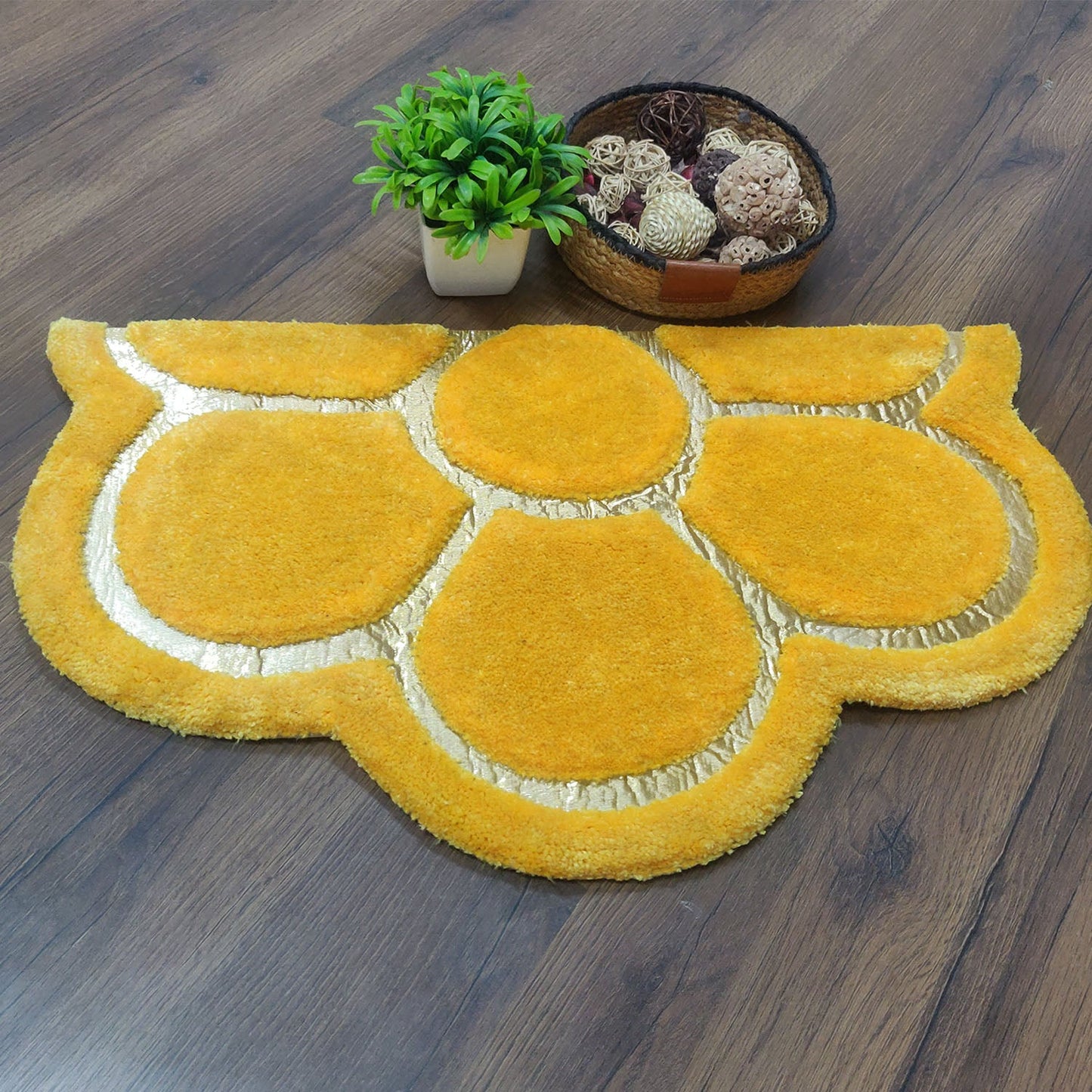 Avioni Divine Collection | Luxury Golden/Silver Touch Yellow Tufted Rug In Beautiful Flower Soft And Plush Handmade Door Mats | ~25mm thick | BathMats -45x75 cms