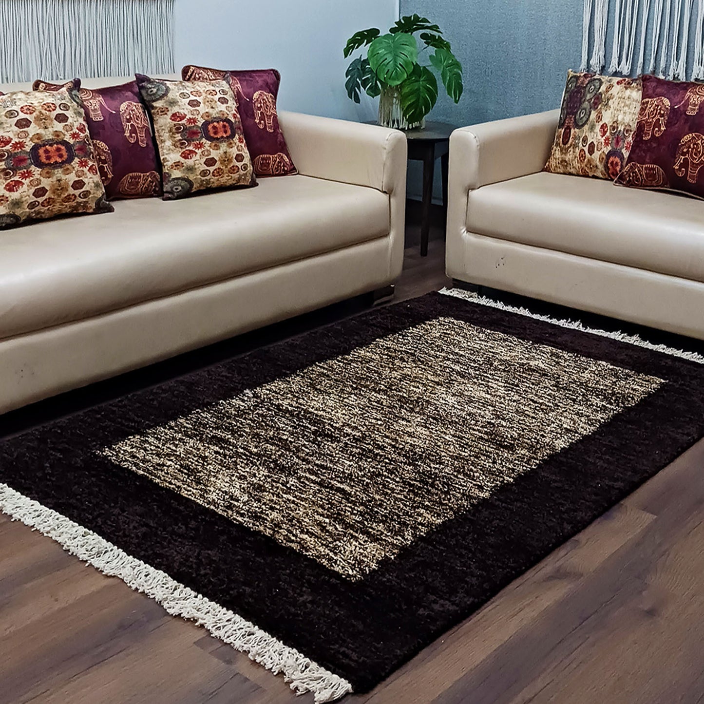 Avioni Carpet Faux Silk Neo Collection- - Exclusive "Cut Shuttle" Hand loom Piece-Luxury Modern Border Tiedye Design – Brown