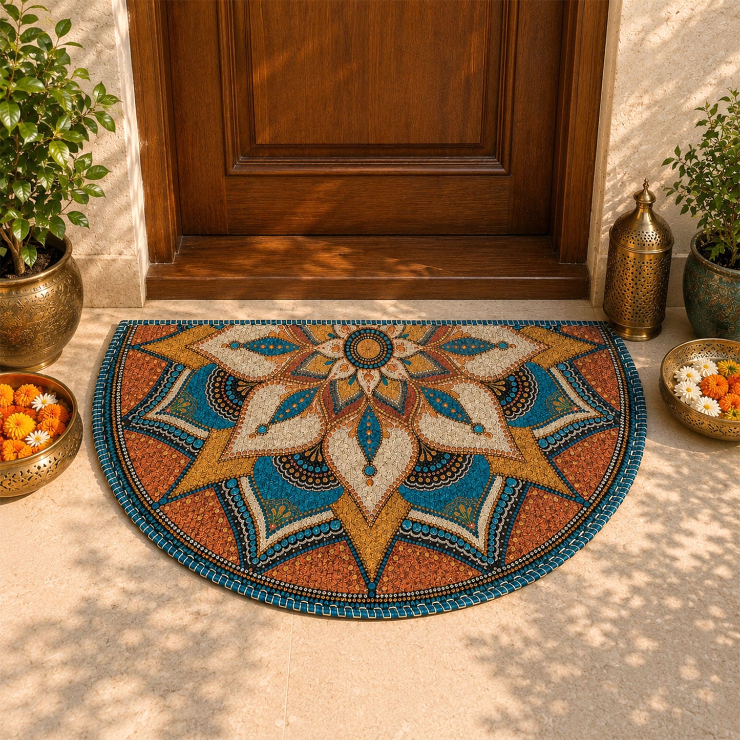 Avioni Home Semi Round Rangoli Floor Mat | Traditional Mandala Design | Anti-Slip, Washable & Durable | Indoor & Outdoor Entrance Door Mat
