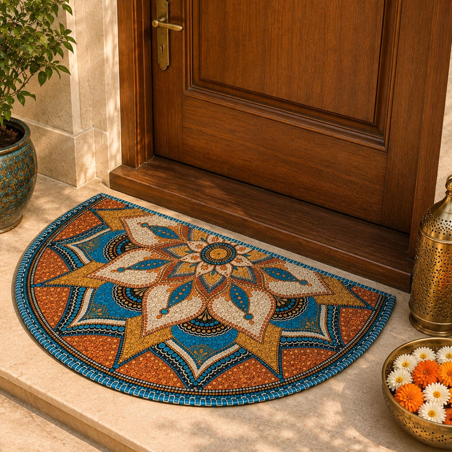 Avioni Home Semi Round Rangoli Floor Mat | Traditional Mandala Design | Anti-Slip, Washable & Durable | Indoor & Outdoor Entrance Door Mat