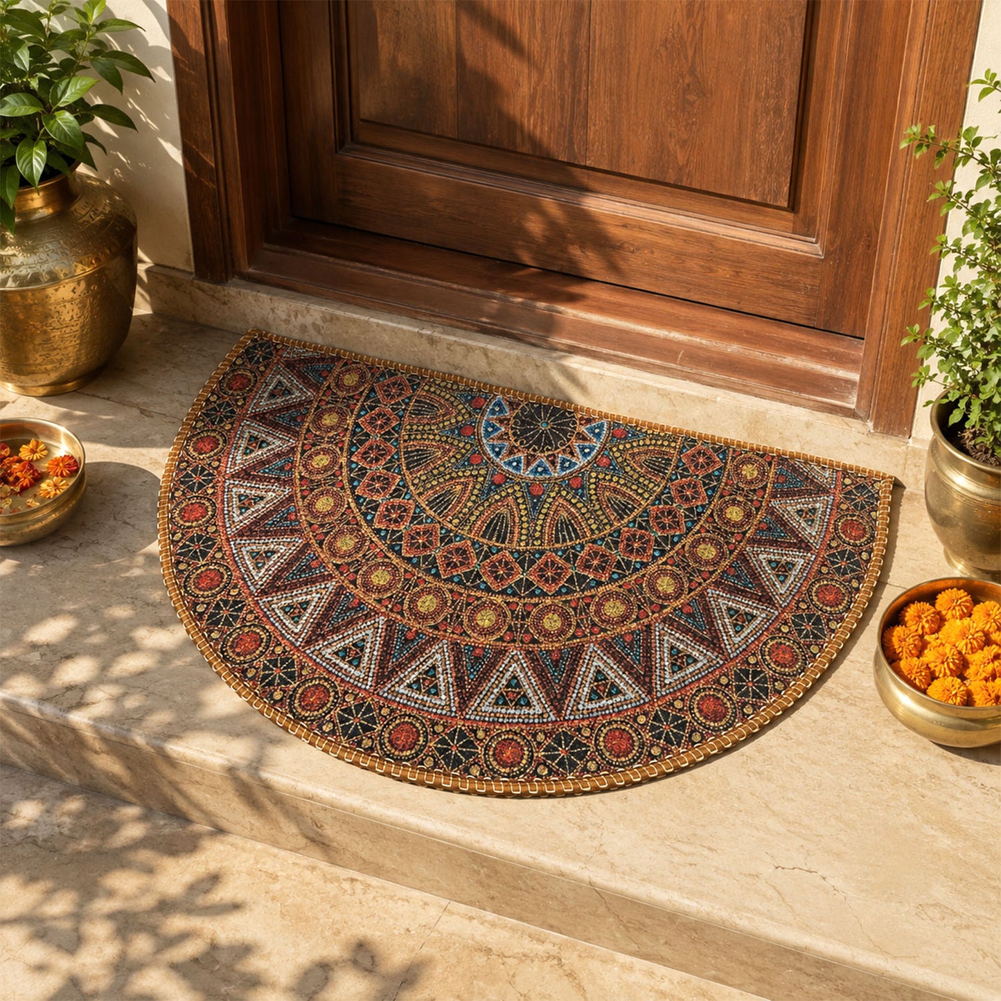 Avioni Home Semi Round Tribal Rangoli Floor Mat | Bohemian Mandala Design | Anti-Slip, Washable & Durable | Indoor & Outdoor Entrance Door Mat