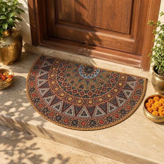 Avioni Home Semi Round Tribal Rangoli Floor Mat | Bohemian Mandala Design | Anti-Slip, Washable & Durable | Indoor & Outdoor Entrance Door Mat